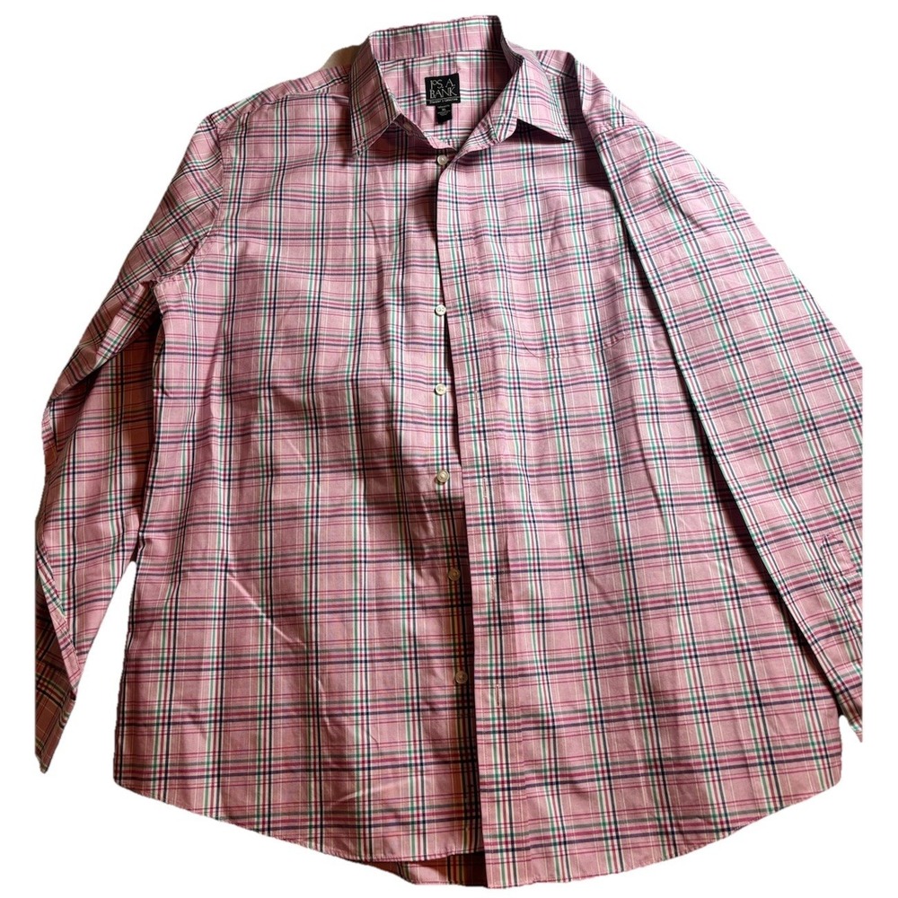 Jos A Bank Travelers Collection Shirt Mens XL Pink Plaid Button Down Tailored Fi